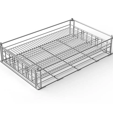 Rectangular wire cleaning basket with internal longitudinal rails and an open wire base