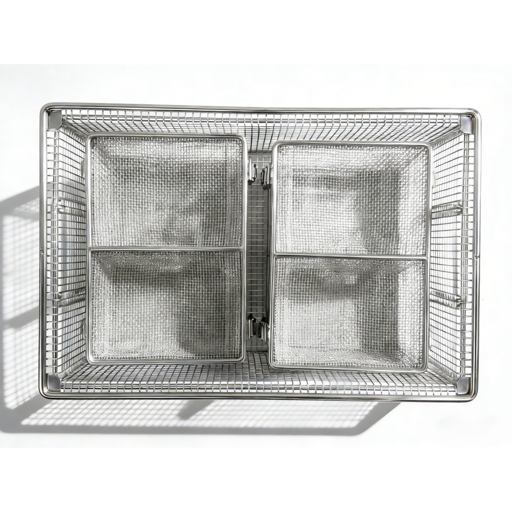 Top view showing two divided fine-mesh inner baskets inside an AUKE outer wire basket