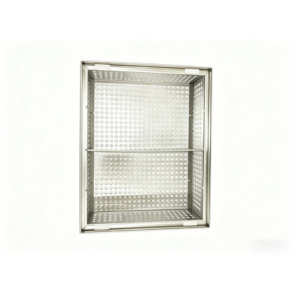 Top view of an AUKE perforated basket showing the inside walls, corners and divider