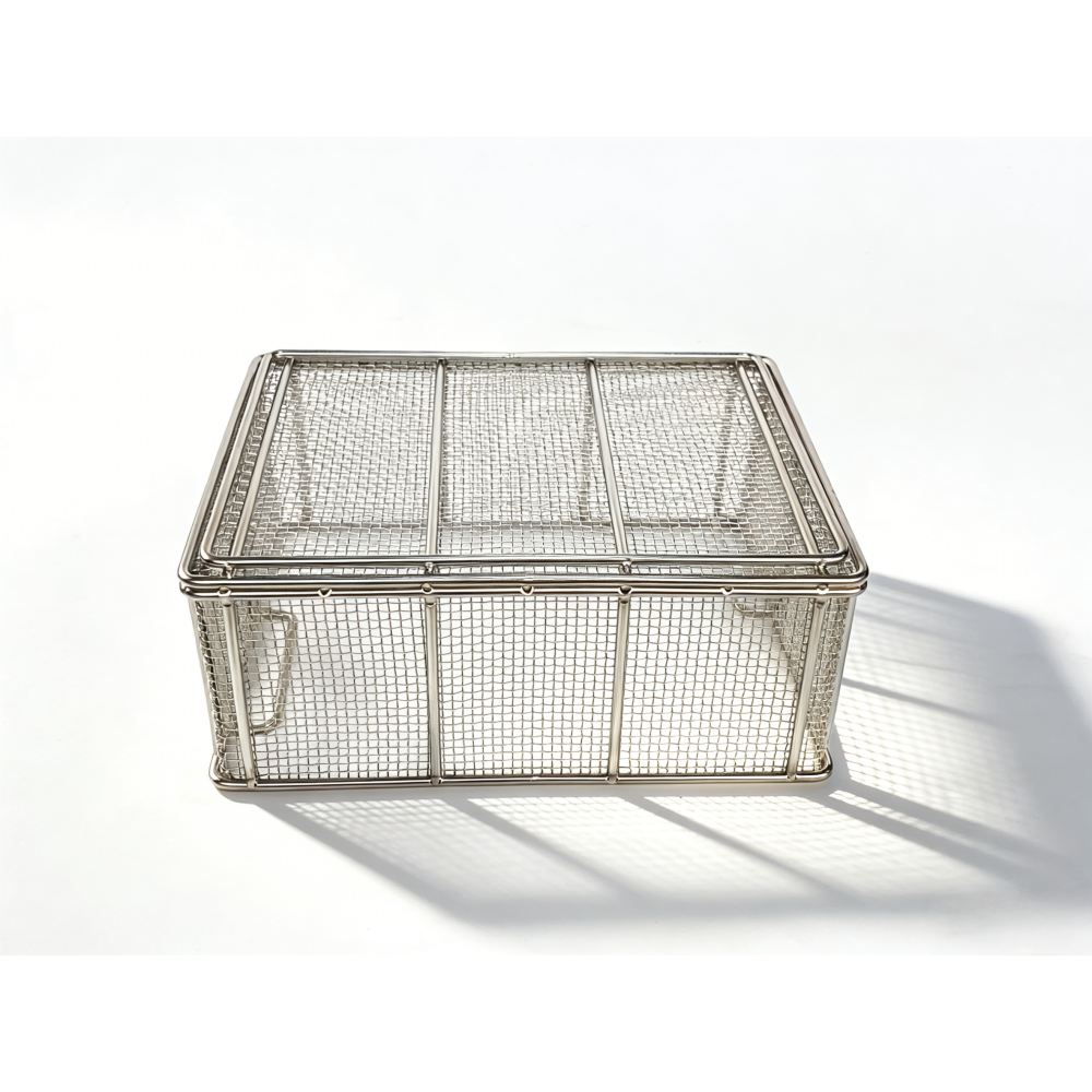 Underside of an AUKE mesh basket showing the base frame and cross rails
