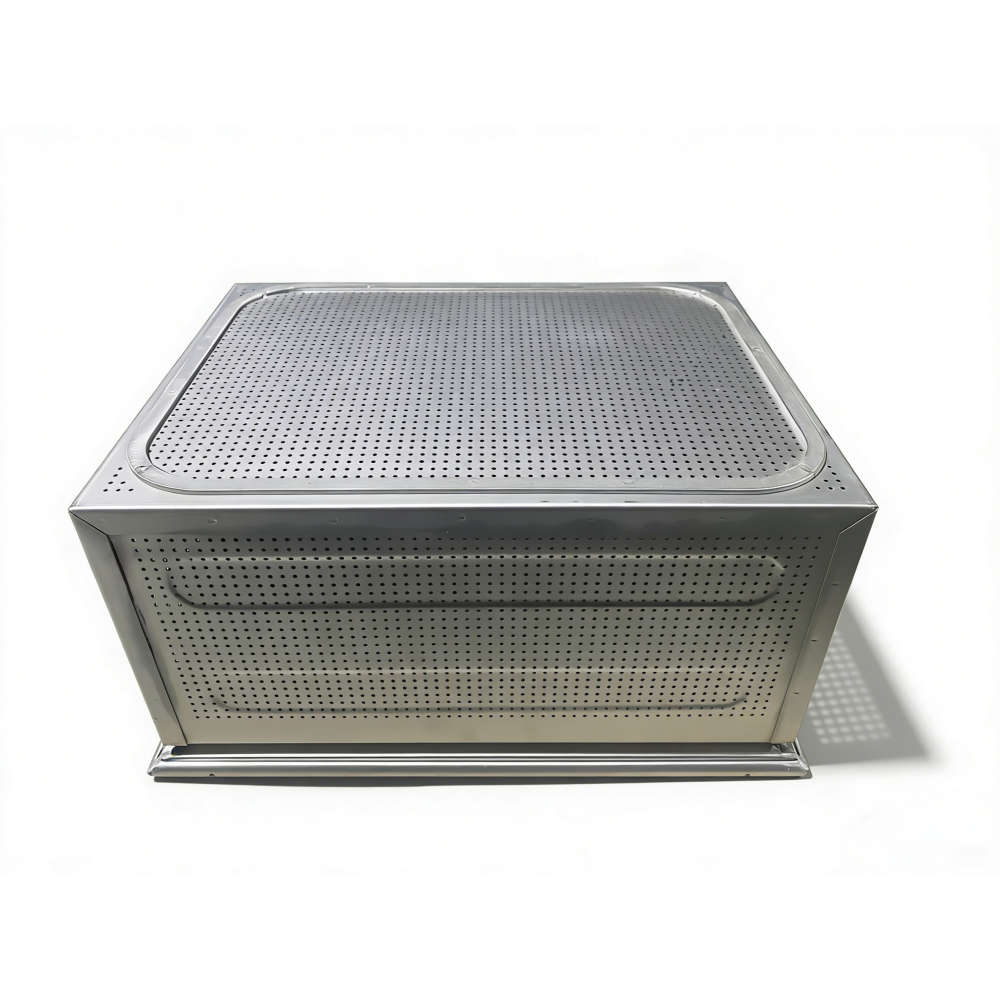 Underside of an AUKE perforated cleaning basket showing the base pattern and solid formed perimeter