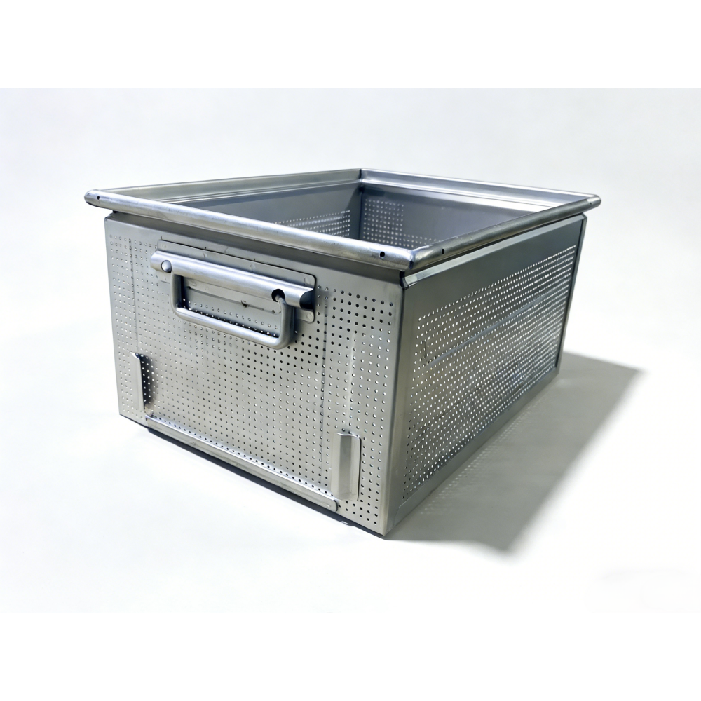 External folding handle and mounting brackets on an AUKE perforated basket