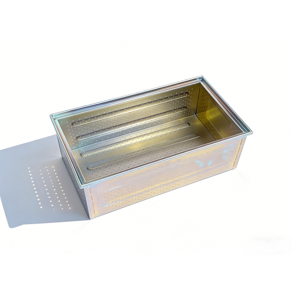 Perforated metal basket with galvanized surface treatment