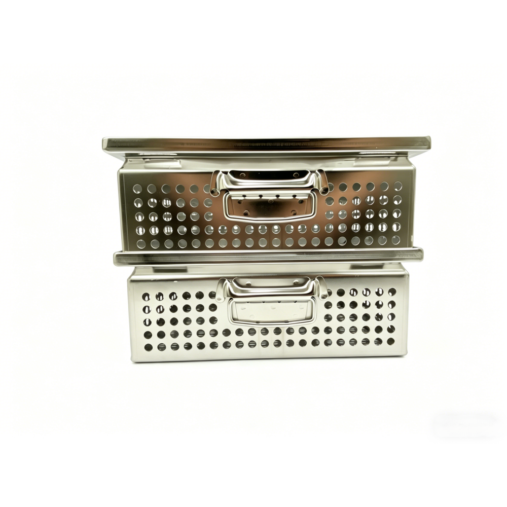 Two AUKE perforated baskets stacked with their bodies above one another