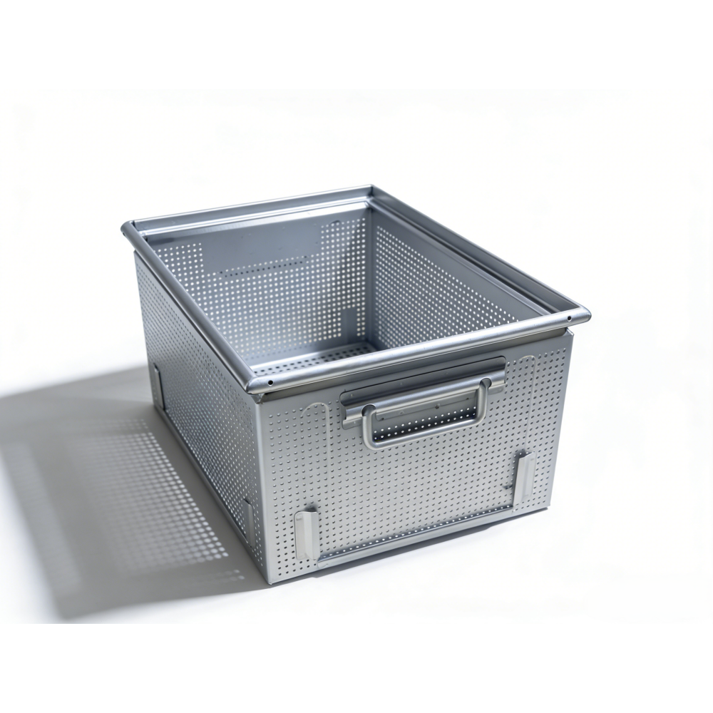 AUKE stainless steel perforated cleaning basket with formed rim and drainage openings