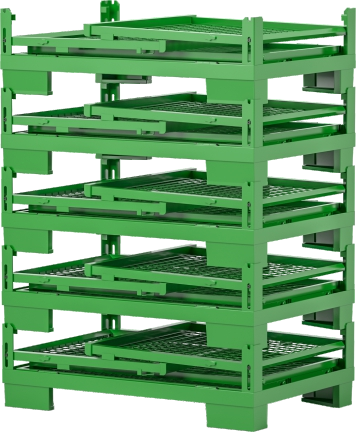 AUKE standardized metal folding container & storage cage fleet in automotive manufacturing facility